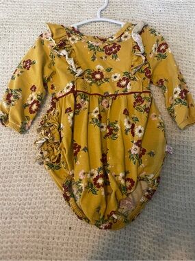 Rufflebutts Mustard Floral Ruffle Baby Romper